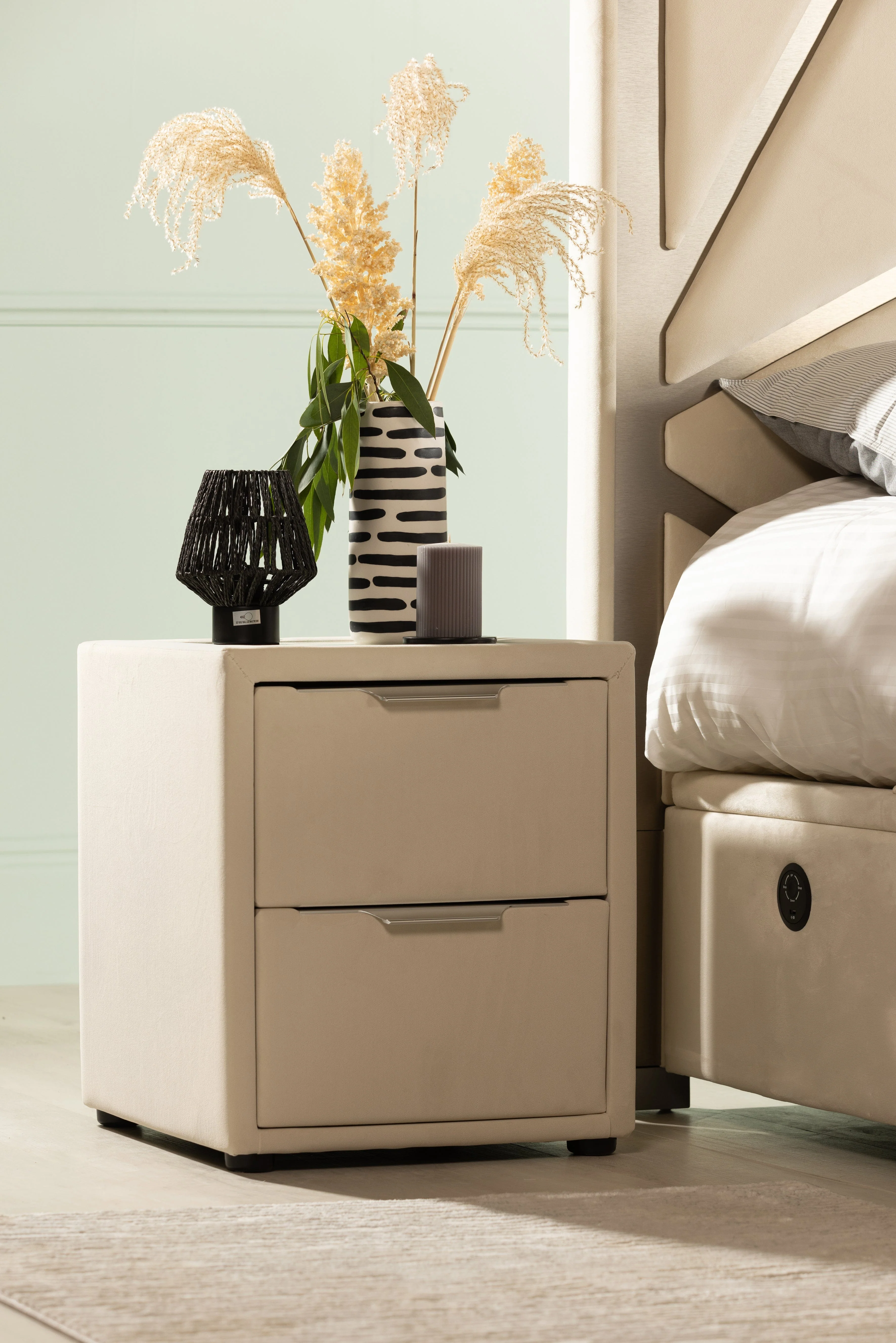 Cream Velvet Bed Side Unit With Glass Top & USB Charging