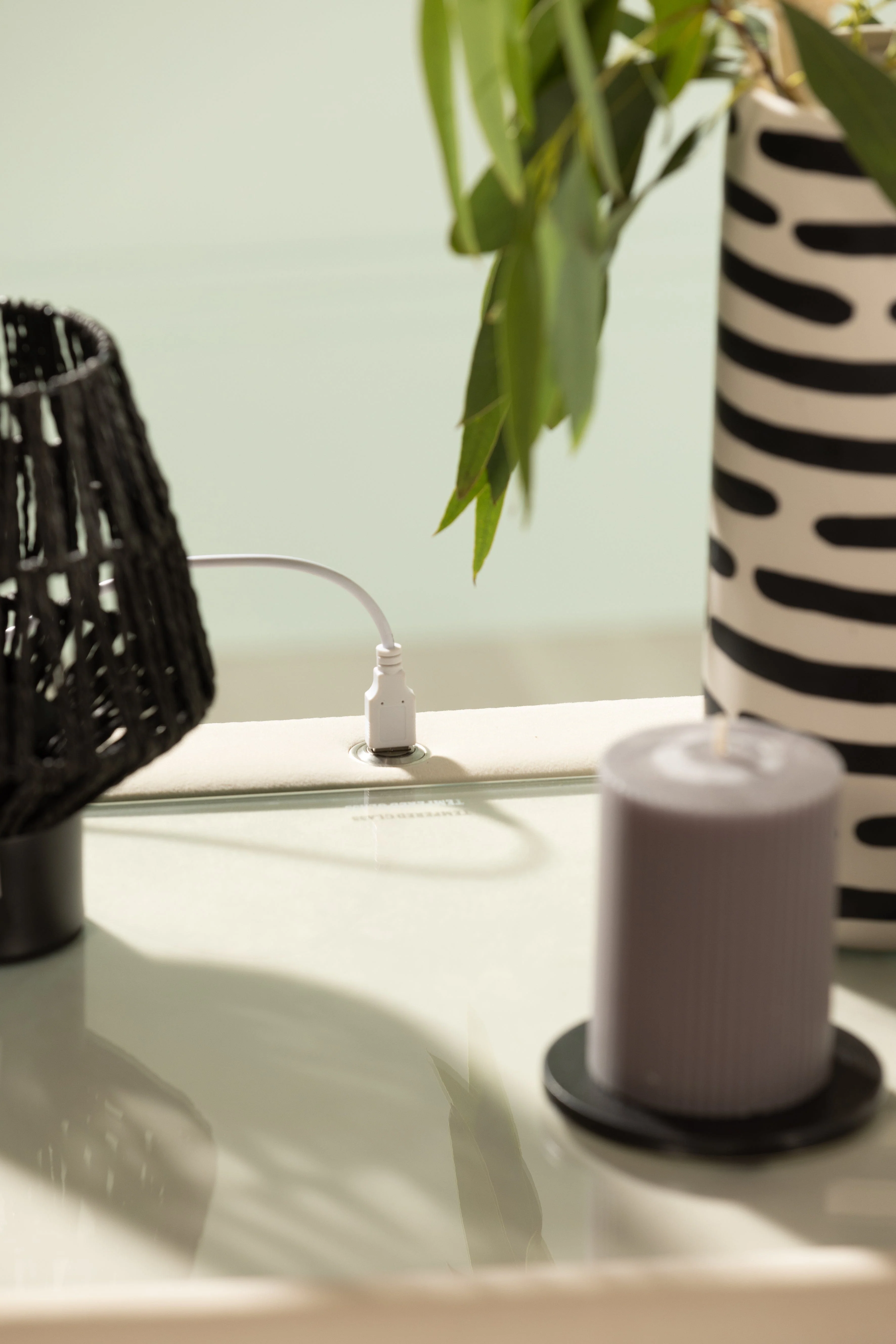 Cream Velvet Bed Side Unit With Glass Top & USB Charging - Image 3