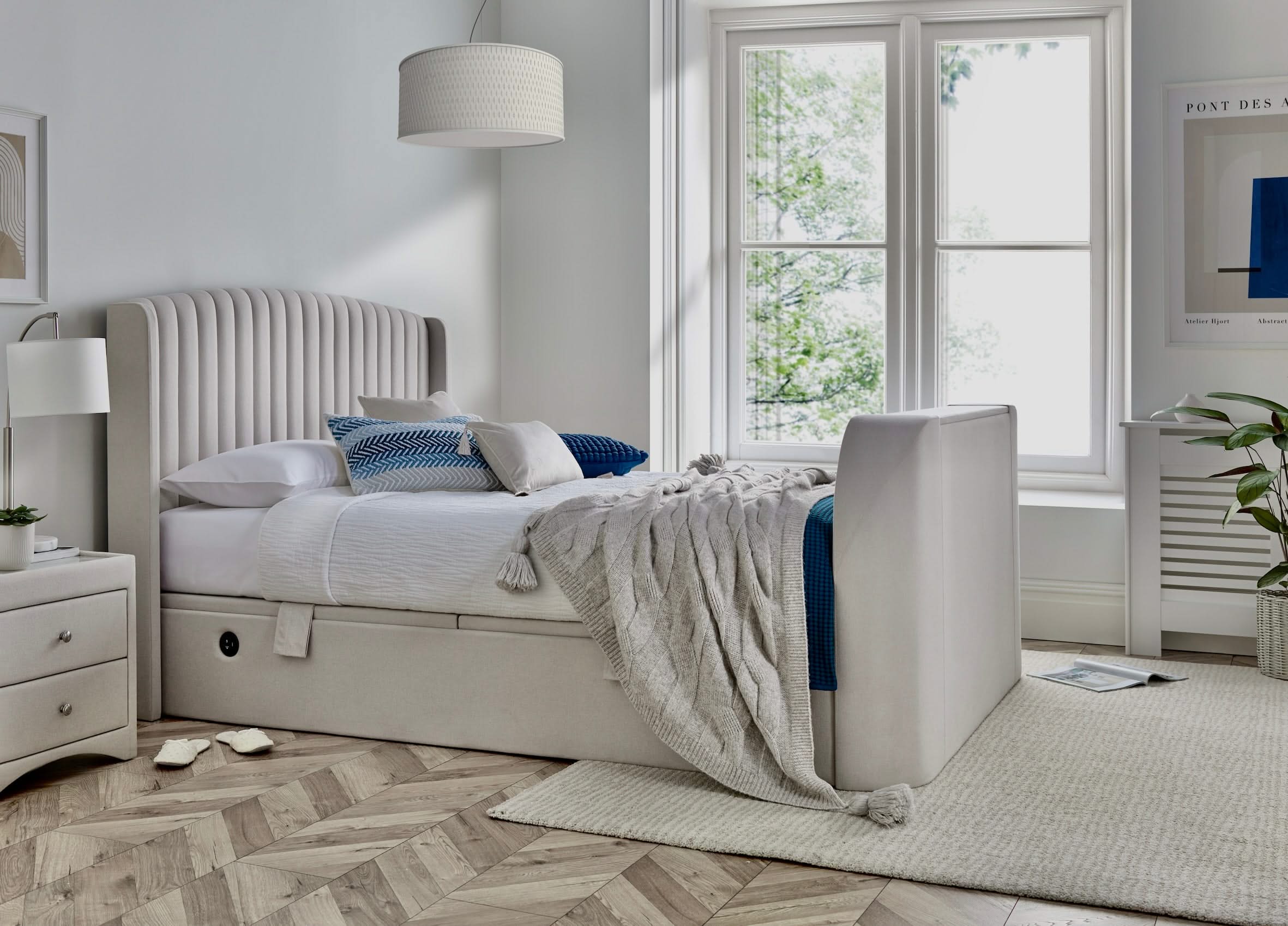 Essence Ottoman Storage TV Bed in Natural Cream Fabric - Image 3