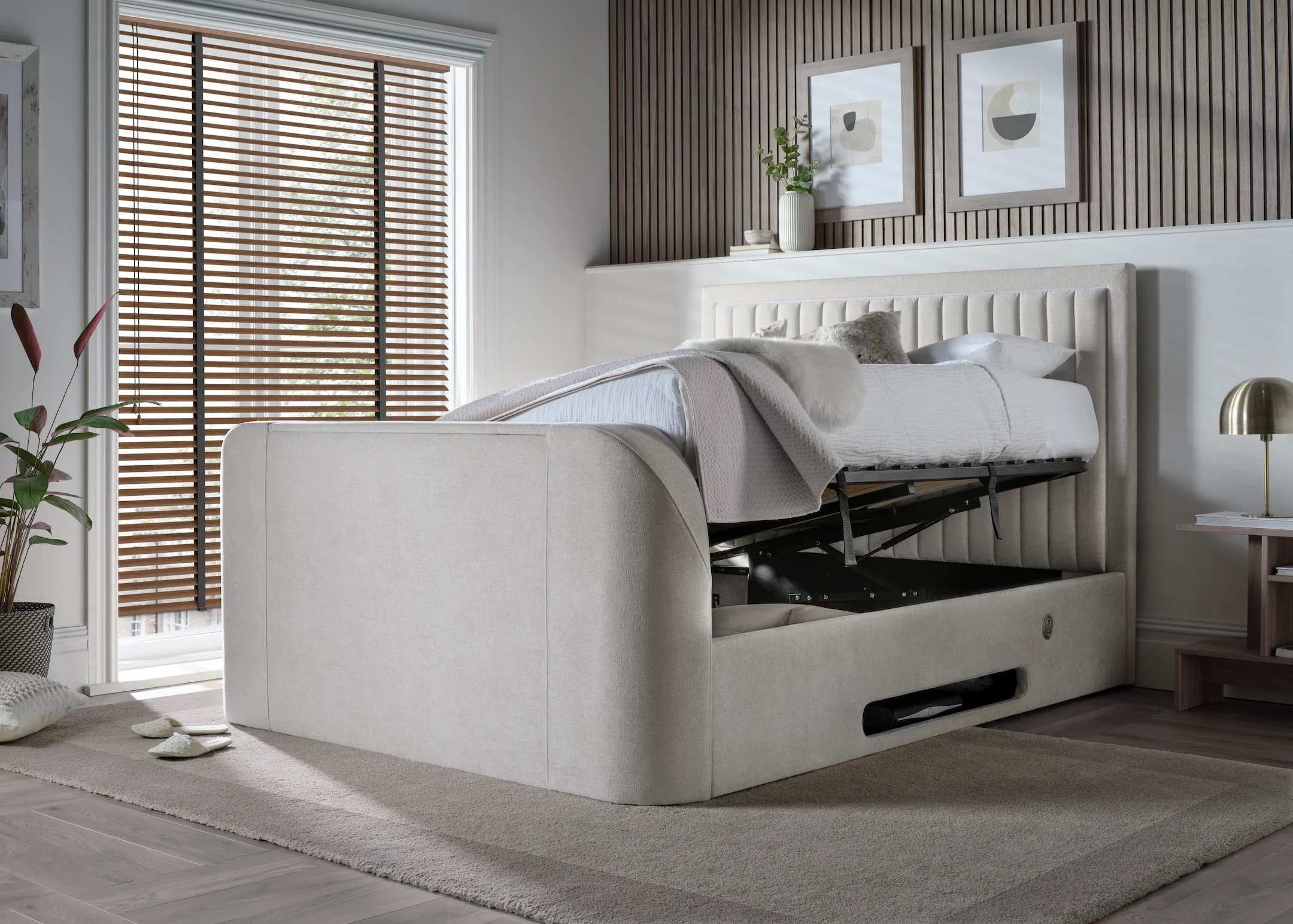 Lumas Ottoman TV Bed with Surround LED in Plush Cream - Image 3