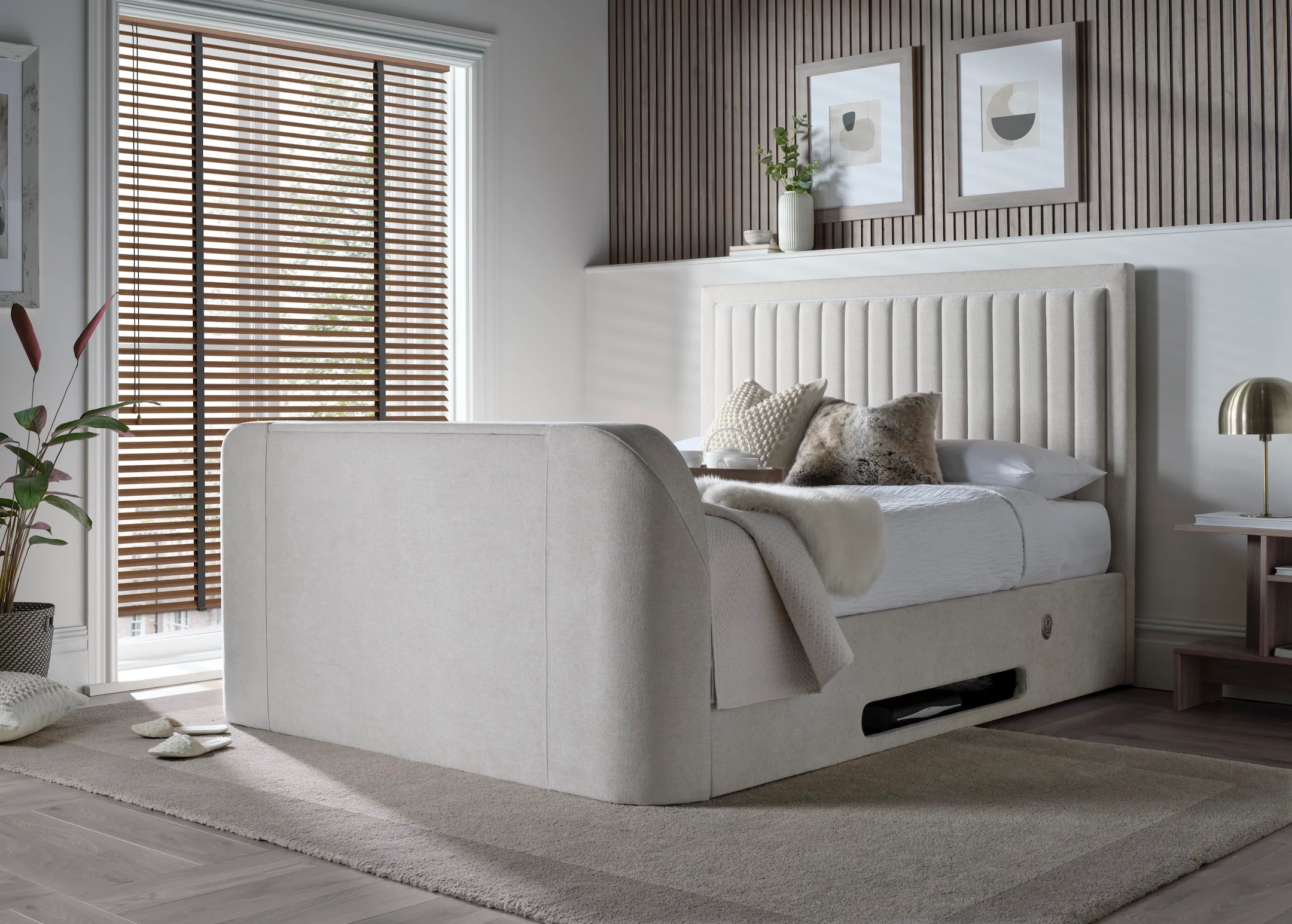 Lumas Ottoman TV Bed with Surround LED in Plush Cream - Image 4