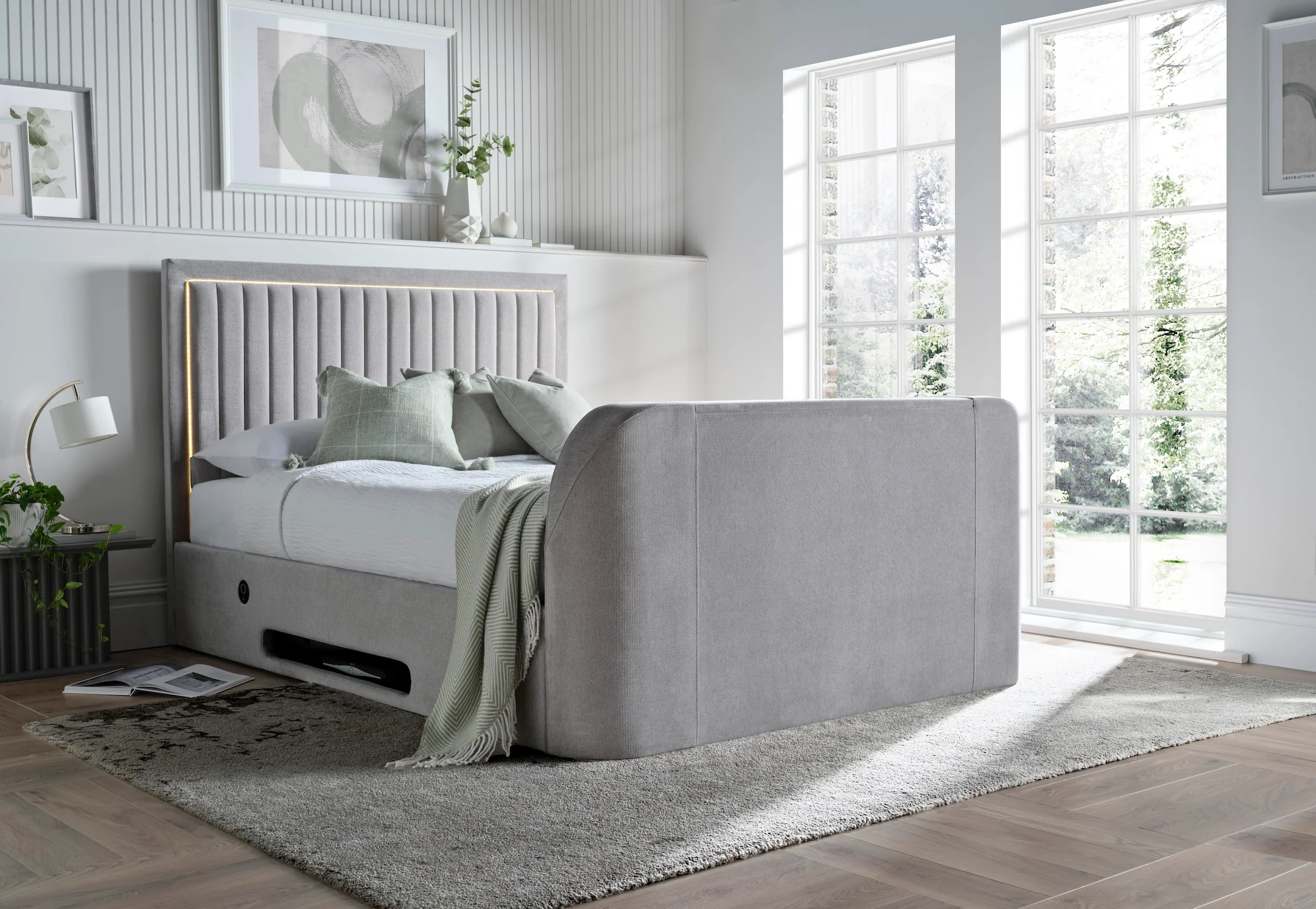 Lumas Ottoman TV Bed with Surround LED in Plush Grey