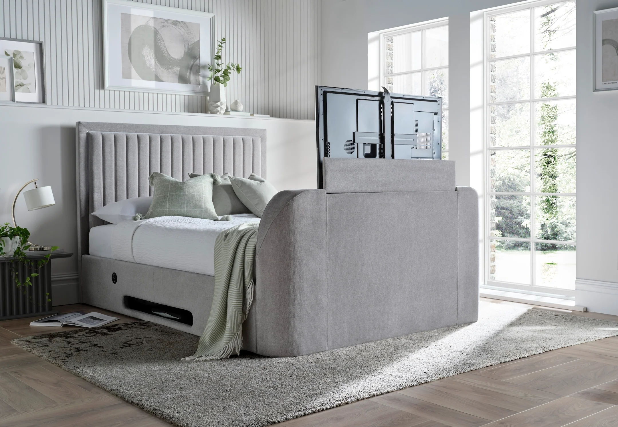 Lumas Ottoman TV Bed with Surround LED in Plush Grey - Image 2