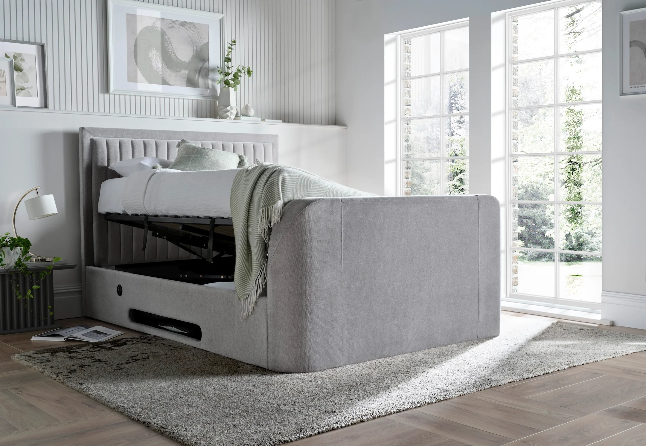 Lumas Ottoman TV Bed with Surround LED in Plush Grey - Image 3