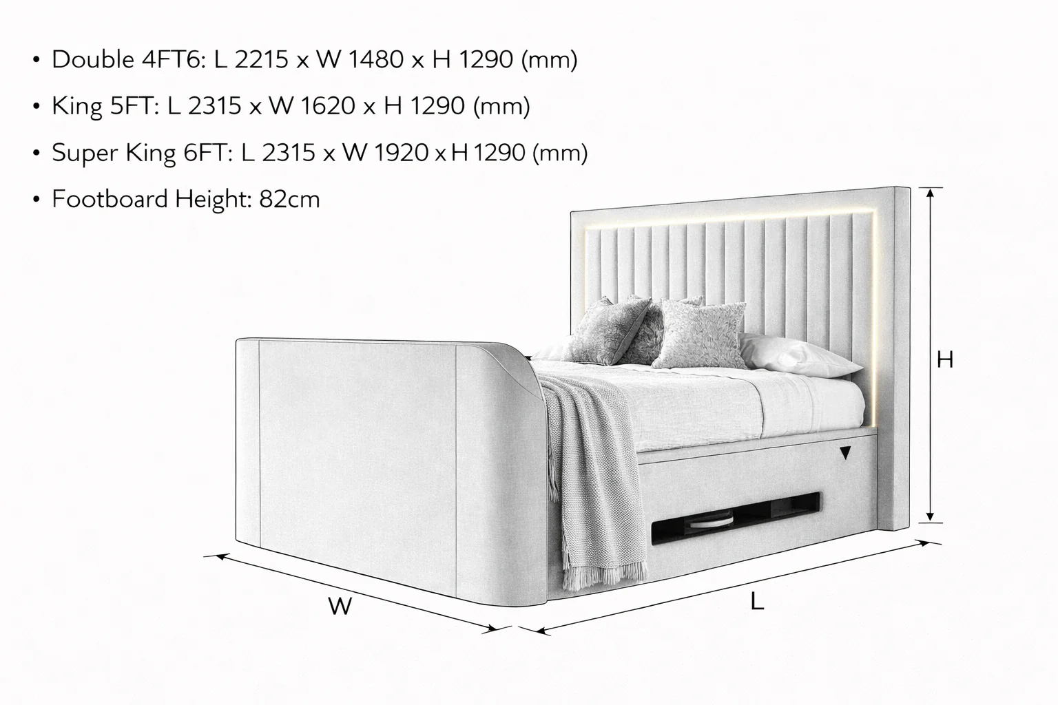 Lumas Ottoman TV Bed with Surround LED in Plush Cream - Image 9