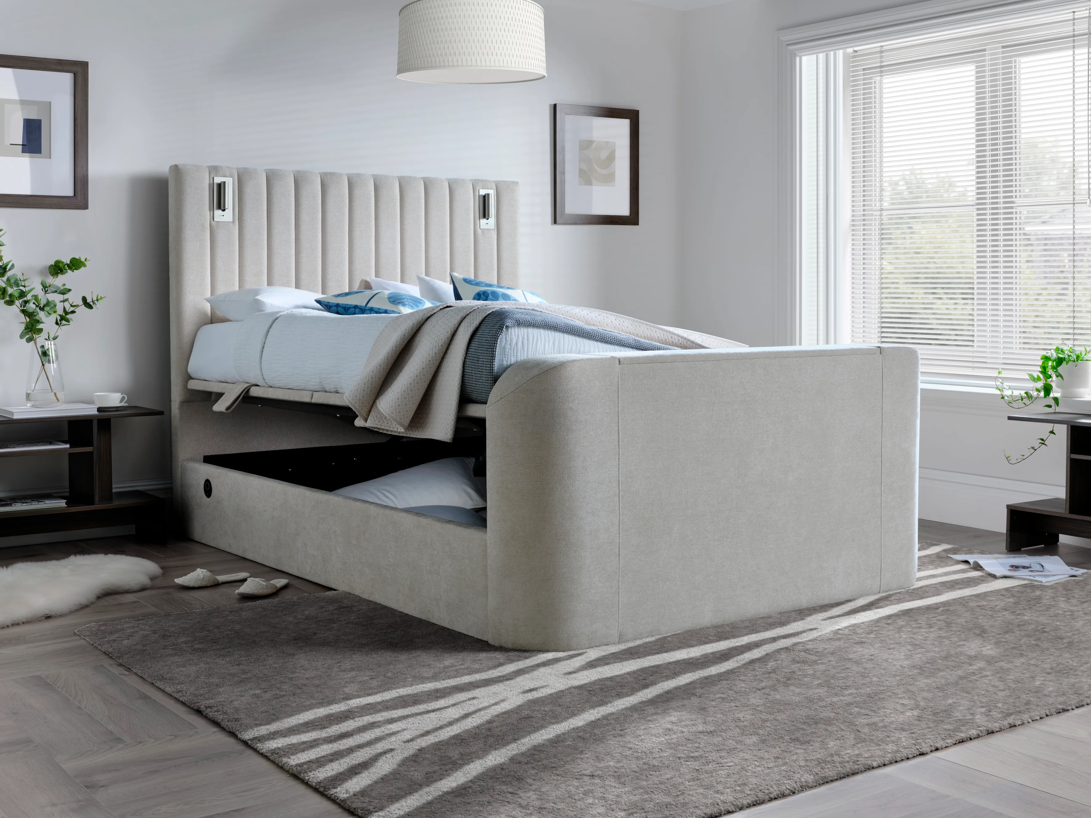 Luna Ottoman TV Bed with Adjustable Mood Lights in Plush Cream - Image 3