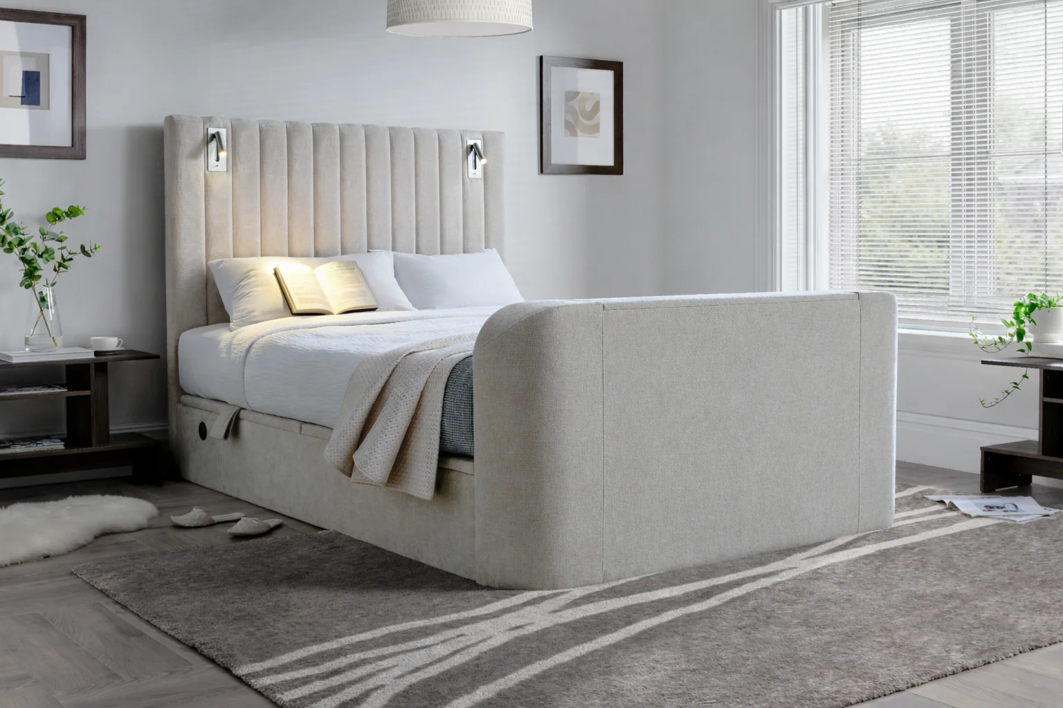 Luna Ottoman TV Bed with Adjustable Mood Lights in Plush Cream - Image 5