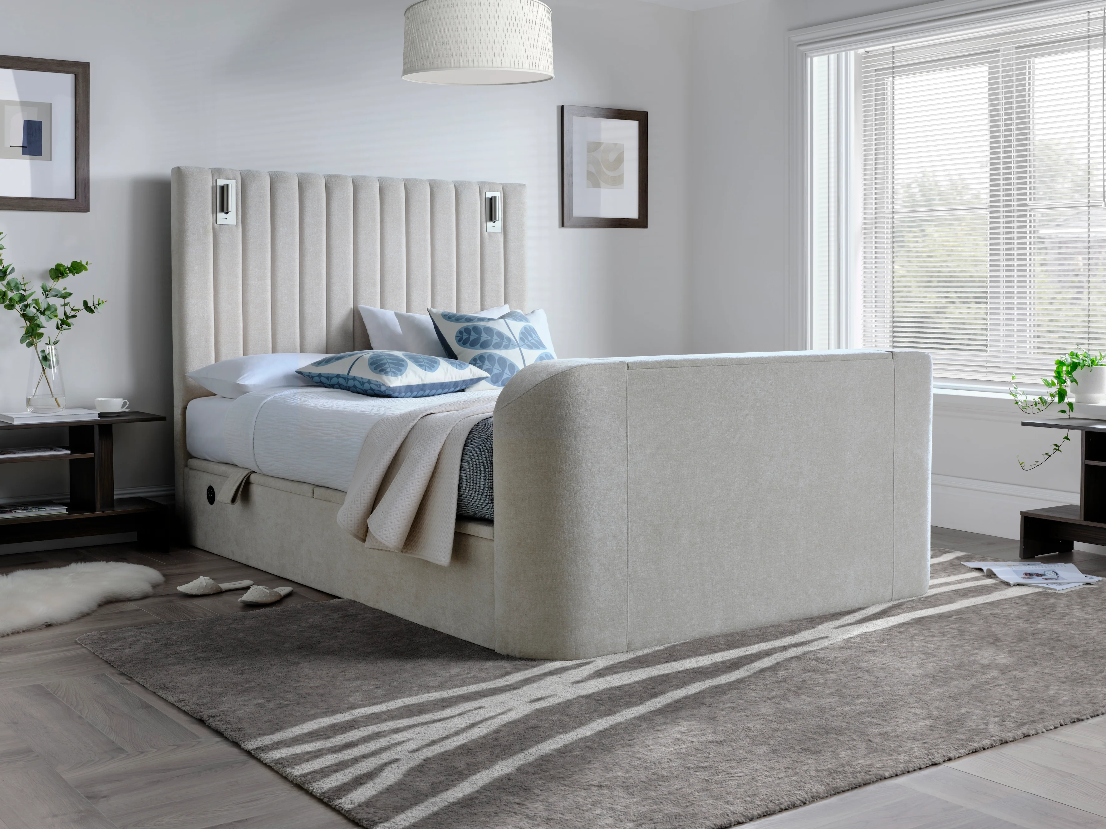 Luna Ottoman TV Bed with Adjustable Mood Lights in Plush Cream - Image 7