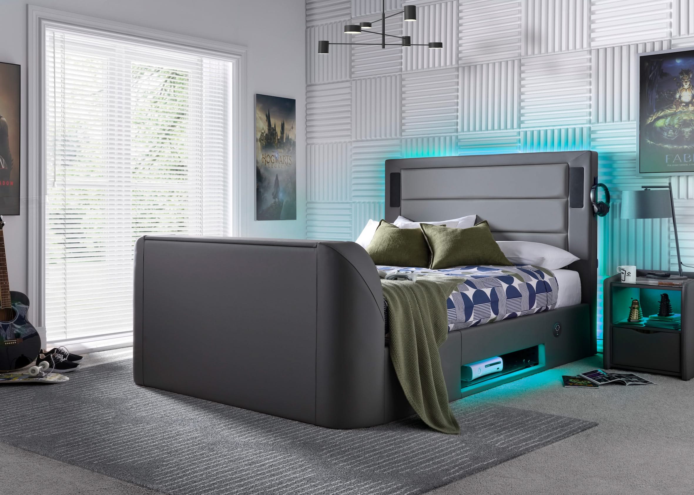 Merlin Gaming TV Bed - two tone Grey PU - 5.1 Surround - Ottoman Storage - Image 11