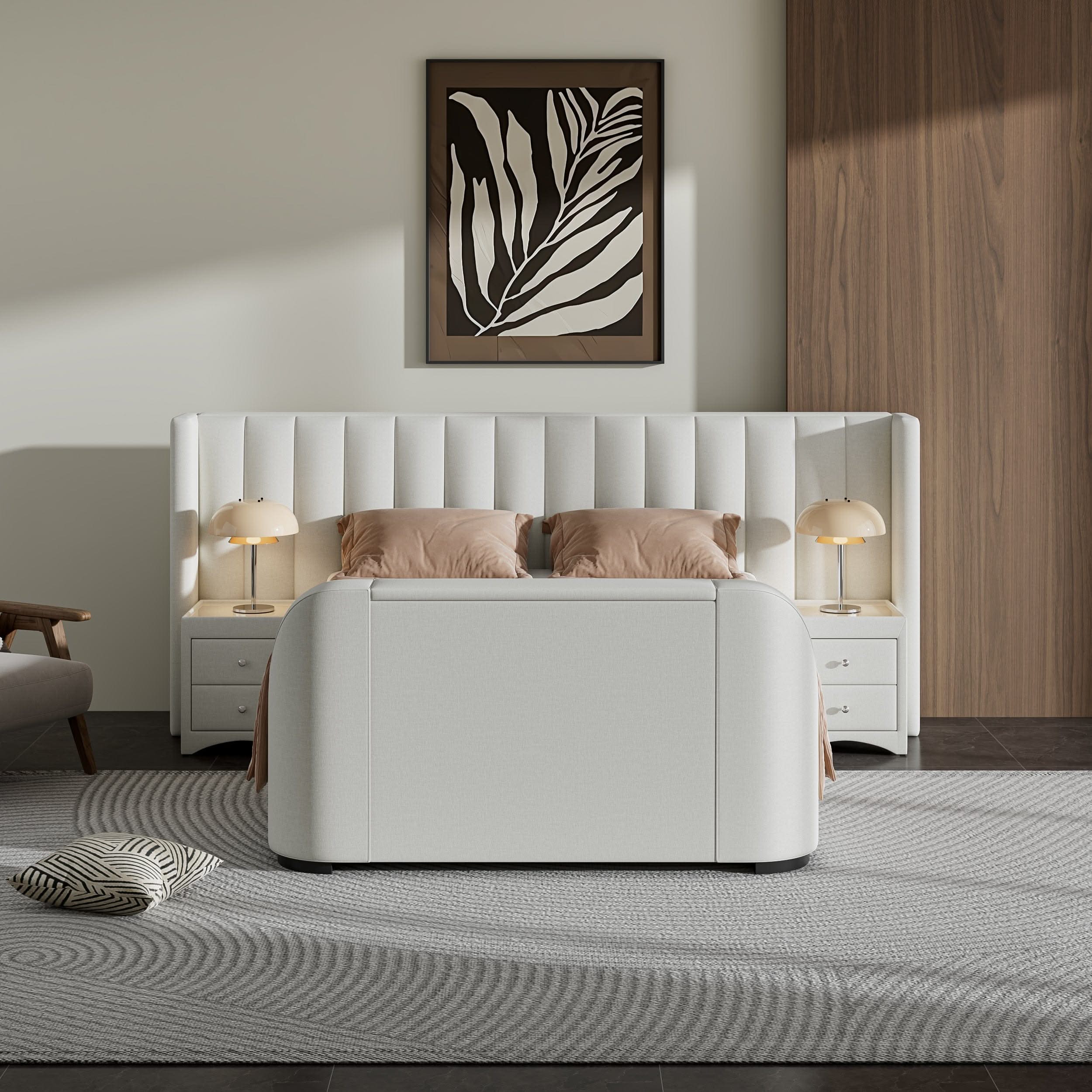 Milan Ottoman TV Bed in Natural Cream with 2 Side Units - Image 12