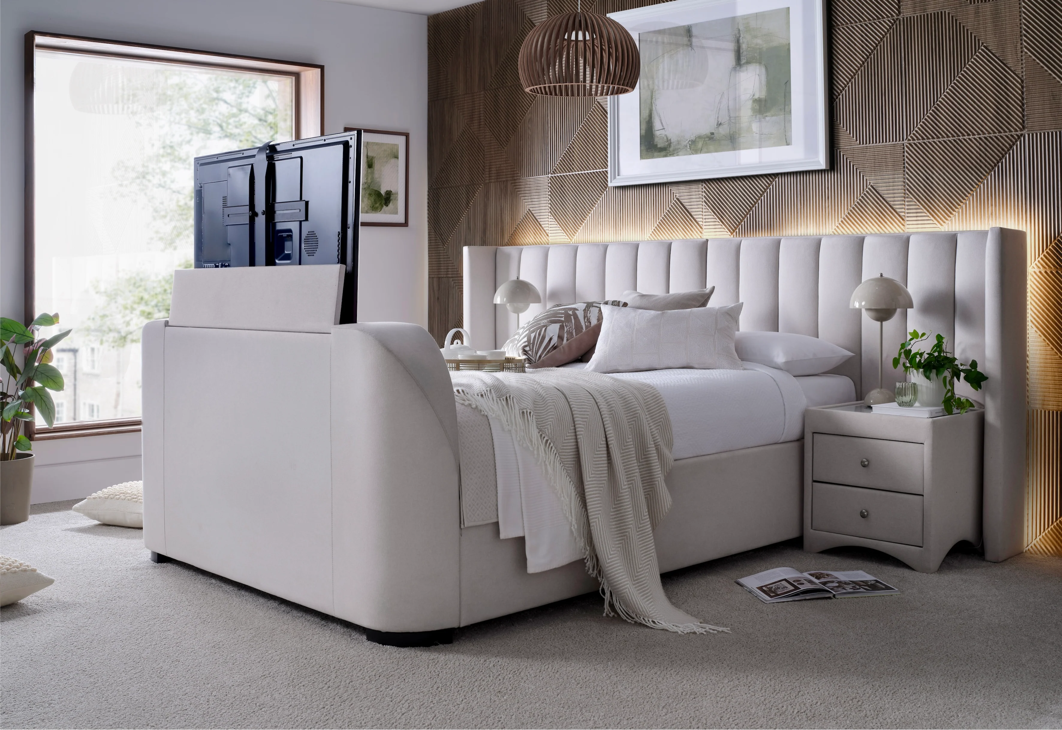 Milan Ottoman TV Bed in Natural Cream with 2 Side Units - Image 3