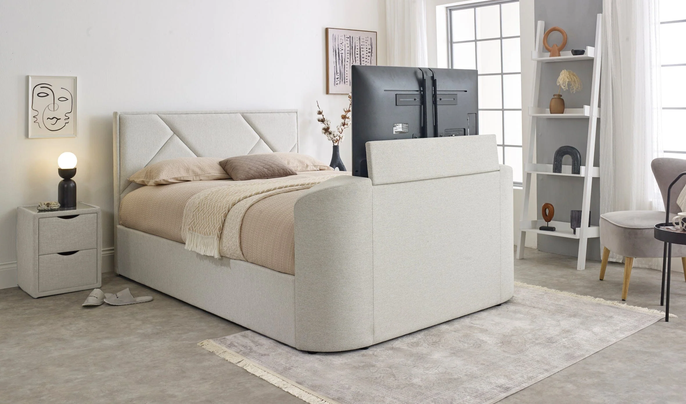 Sigma Ottoman TV Bed in Pebble Stone Fabric - Image 4